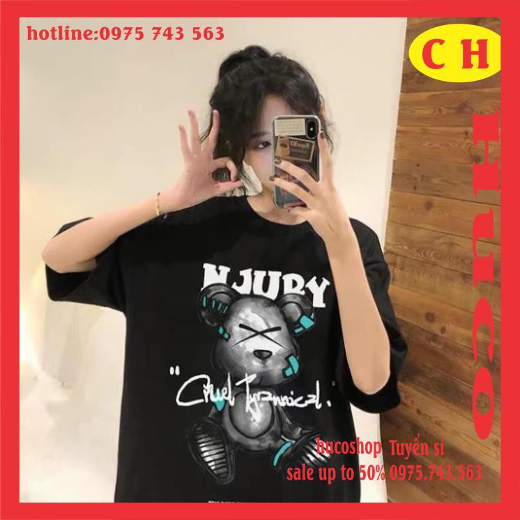Áo thun hè tay lỡ unisex Gấu NJURY chất cotton form chuẩn ảnh nam nữ oversize ulzzang mặc đôi nhóm