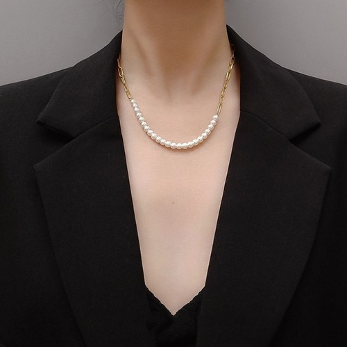 Dây Chuyền Dự Tiệc Dây Xích Ngọc Trai Nhân Tạo Titan Ko Đen TT 3062