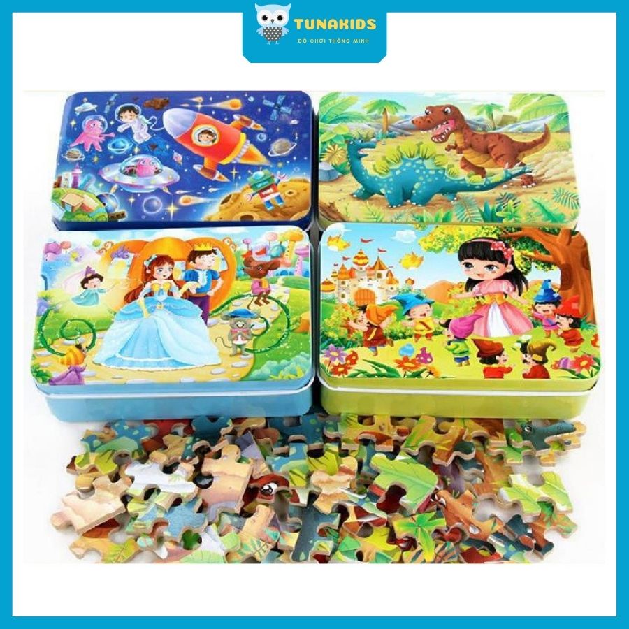 Tranh ghép hình cho bé, bộ đồ chơi xếp hình cho bé bằng gỗ puzzle nhiều chủ đề thông minh hộp sắt Tunakids