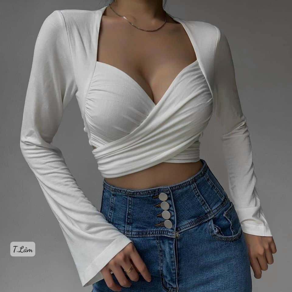 Áo kiểu tay dài xoắn ngực cột nơ sau lưng mặc được 2 kiểu cực hot , chất thun gân mềm mịn