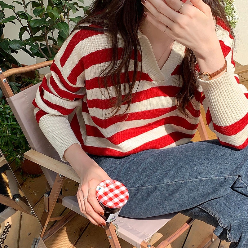 Áo sweater tay dài dáng rộng kẻ sọc thời trang cho nữ 46644