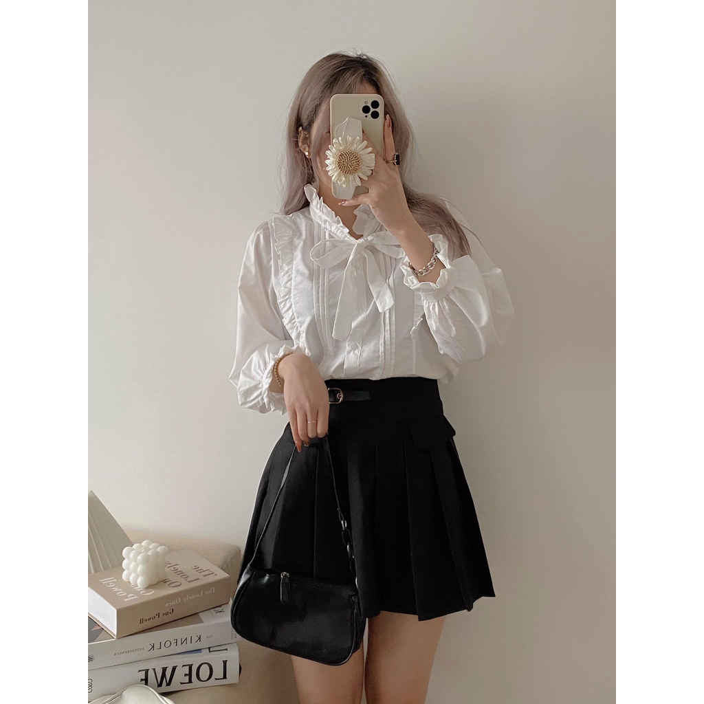 [Ảnh thật] Áo sơ mi viền bèo xếp li ngực thắt nơ ulzzang - Áo baydoll cổ tròn viền bèo