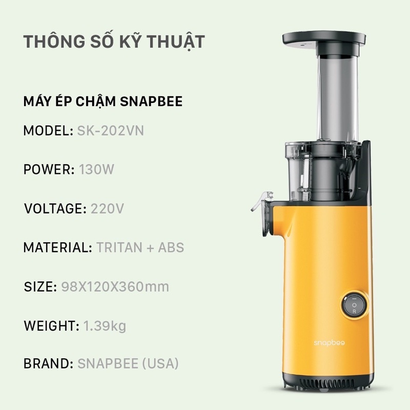 Máy Ép Chậm Snapbee Mini SK-202VN - Ép Trái Cây, Rau Củ Siêu Kiệt Bã