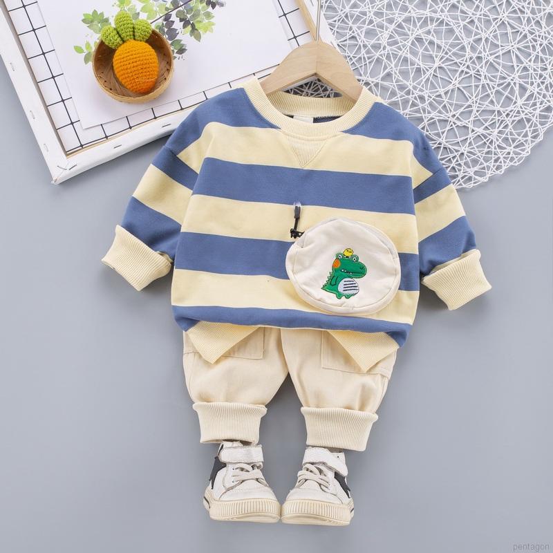 Bộ Áo Sweater Kẻ Sọc Phối Túi In Hoạt Hình Khủng Long Dễ Thương Cho Bé Trai