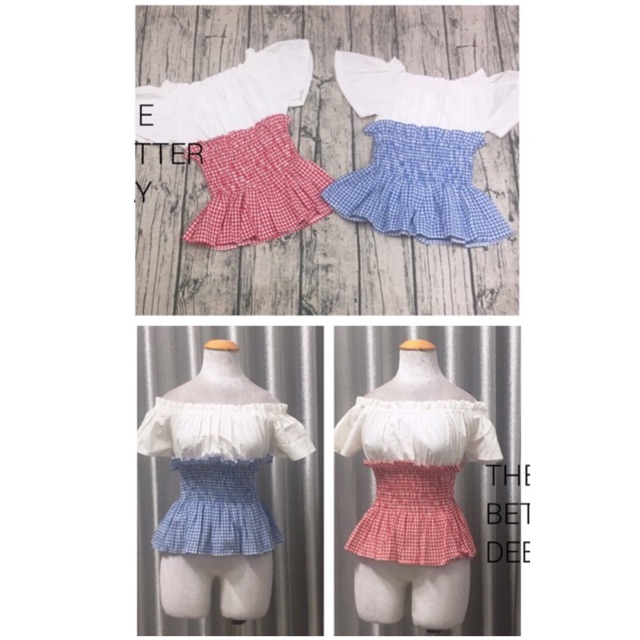 Áo nhún caro trễ vai