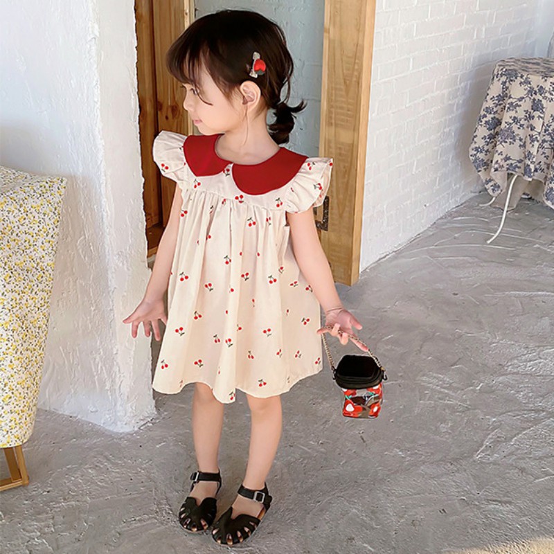 Đầm Cotton Cổ Búp Bê In Họa Tiết Cherry Đáng Yêu Cho Bé Gái Kiểu Hàn Quốc