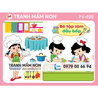Decal mầm non-BÉ TẬP LÀM ĐẦU BẾP PV-020 khổ lớn 127x80