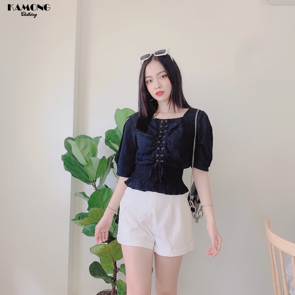 Áo cổ vuông đan dây nhún eo KAMONG A053
