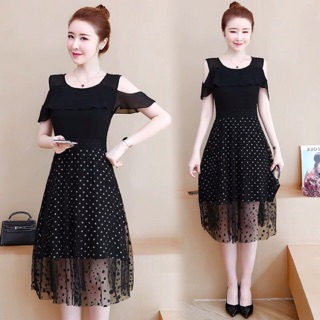 Đầm lưới bi xoè hở vai m/l/xl/2xl