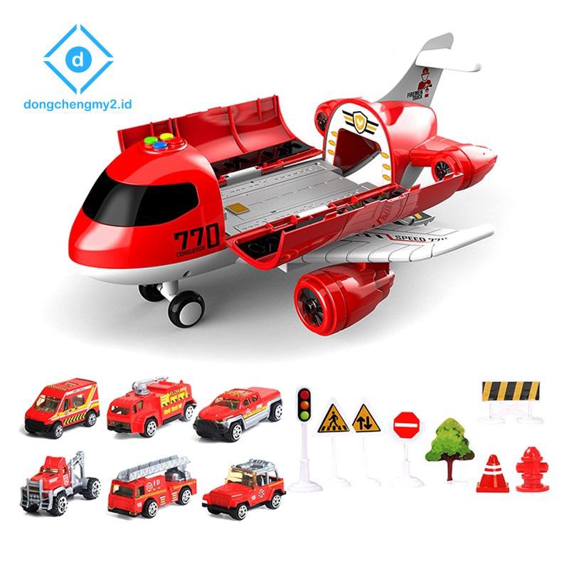 Music Light Inertia Children's Gift Airplane Toy with Alloy Truck,E