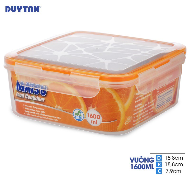 Hộp đựng thực phẩm vuông nhựa DUY TÂN Matsu 1600ml (18.8 x 18.8 x 7.9 cm) - 03352