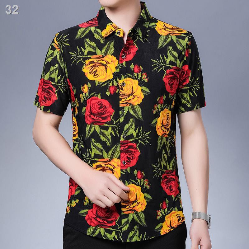 2Gao Han áo sơ mi nam ngắn tay in hoa mùa hè mới mềm mặc giản dị trung niên và thanh