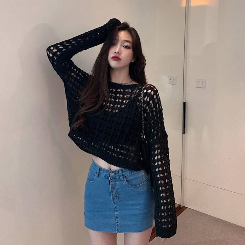 Áo croptop Aimeehouse áo lưới đan len trắng dài tay phong cách trẻ trung cá tính Hàng Quảng Châu