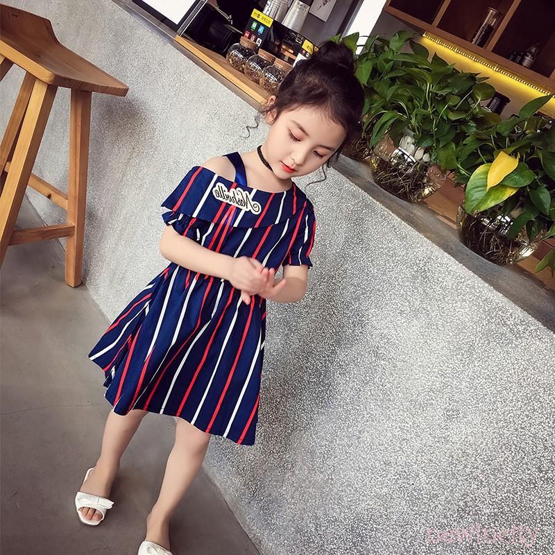 Đầm Tay Ngắn Kẻ Sọc Thêu Chữ Thời Trang Cho Bé Gái