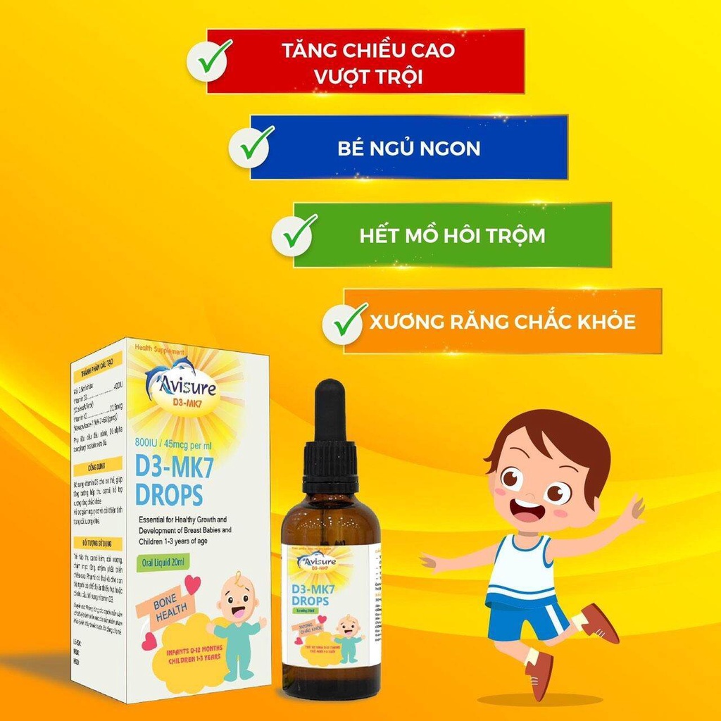 Avisure D3 - MK7 Drops - Bổ sung Vitamin d3 k2, canxi cho bé, giúp xương, răng chắc khỏe