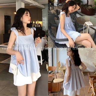 Set áo babydoll kẻ xanh buộc nơ vai kèm quần đũi trắng chất siêu mát, đẹp chuẩn hình Váy Trắng Shop