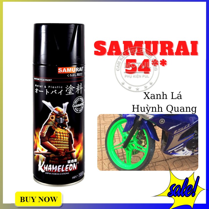 Combo 4 sơn xịt Samurai màu xanh lá huỳnh quang cao cấp (gồm 54 - UC1002 - 2K01 - 2K04 - Giấy nhám P800)