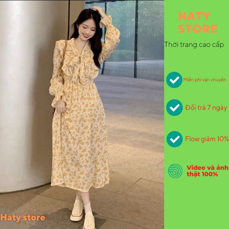 váy hoa nhí dáng dài cổ chữ V thắt nơ xinh xắn , tay áo dài , màu vàng nhạt form dễ mặc TB5 thời trang HATY 3