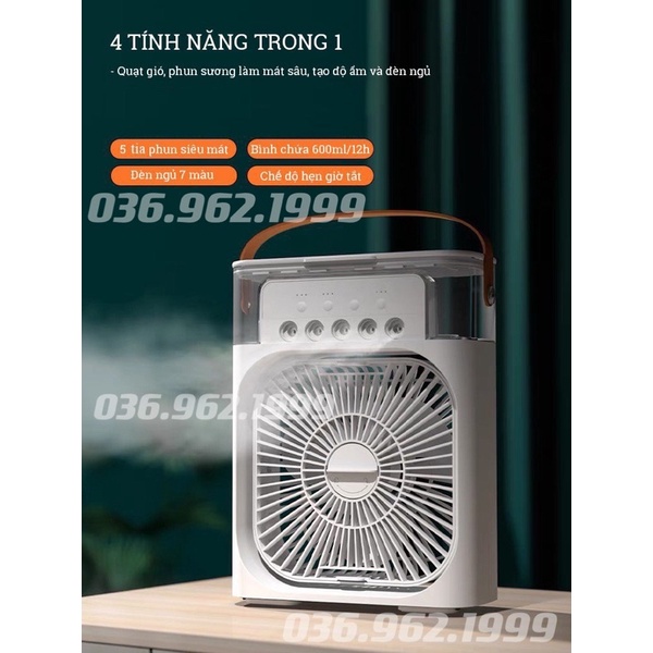 Quạt Điều Hòa Hơi Nước Để Bàn AIR COOLER FAN Với 3 Chế Độ Làm Mát, 5 Vòi Phun Sương, 7 Chế Độ Đèn LED, Dung Tích 600ml