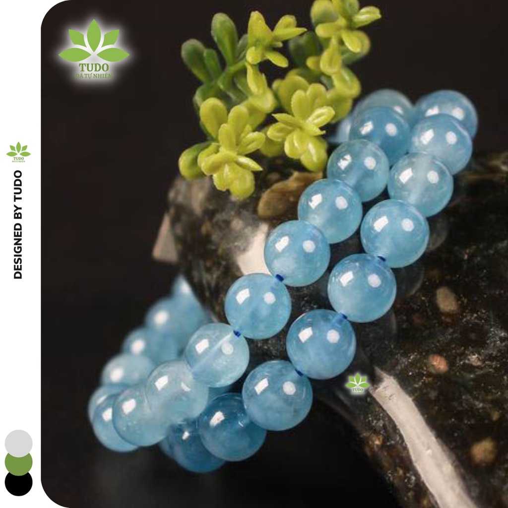 Vòng Tay Nữ phong thủy TUDO Aquamarine loại A++ xanh dương tự nhiên, tròn trơn, có kiểm định, cho nữ mệnh Thủy Mộc