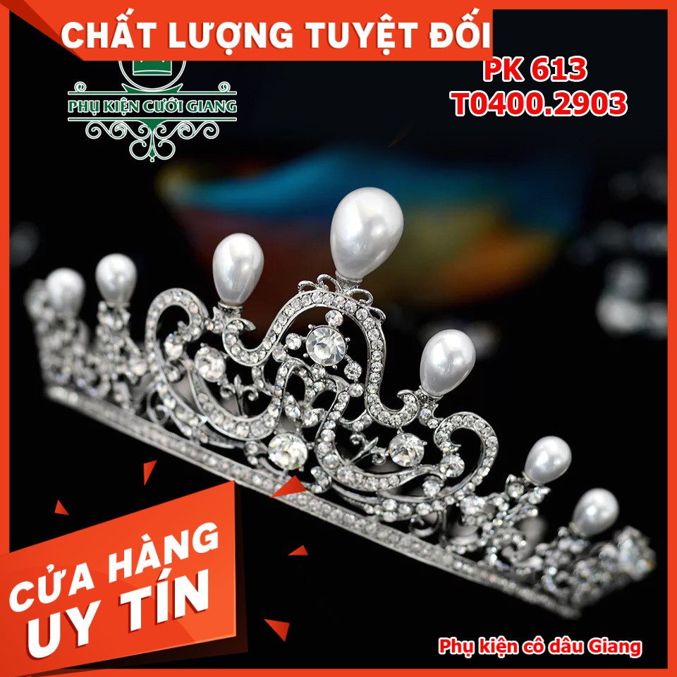 <TP>Vương miện cô dâu tròn thấp hạt trai xi mạ cao cấp