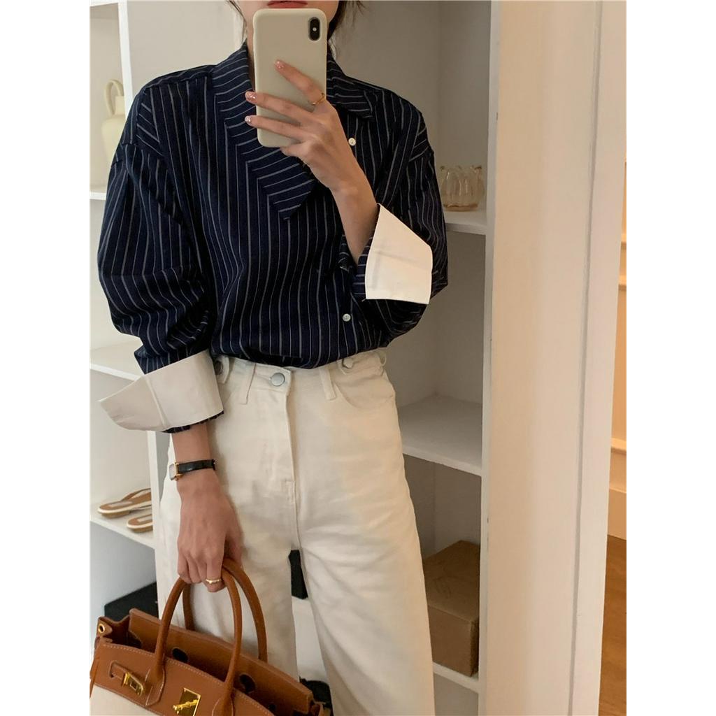 Áo Sơ Mi Kẻ Sọc Dài Tay Cài Nút Thiết Kế Không Đồng Đều Màu Sắc 6107