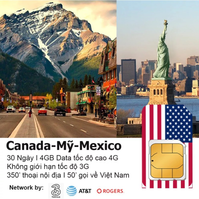 Sim du lịch Mỹ - Sim data 4G, có thoại, không giới hạn truy cập 3G