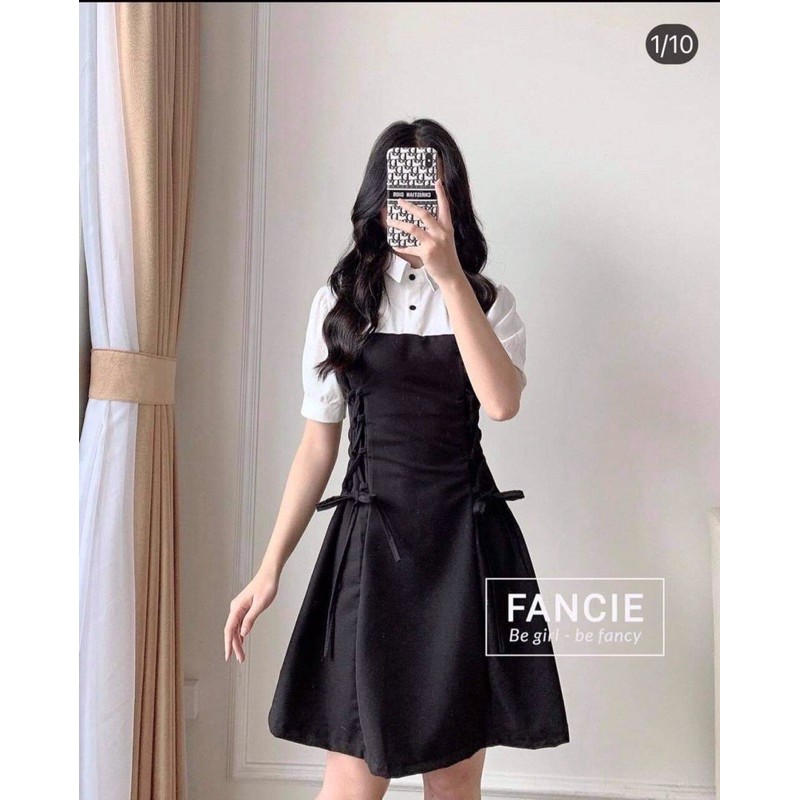 váy xoè Đan dây eo màu đen phối cổ sơ mi trắng Hs