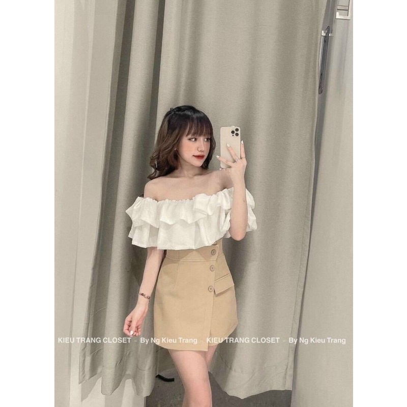 Áo croptop trễ vai 2 tầng cộc tay bồng bánh bèo, áo trắng trần điệu đà