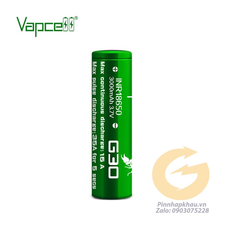 Pin sạc 18650 Vapcell G30 xã 35A trong 5s, xã liên tục 15A dung lượng 3000mah cho thiết bị xã cao tức thời
