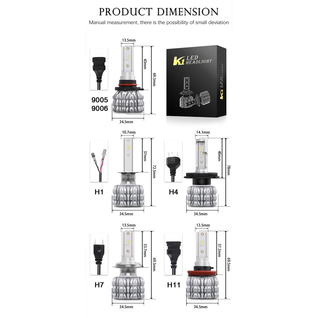 UNI-SHINE Bộ 2 Đèn Pha Led 6500k H1 H4 H7 H8 H11 9005 9006 Hb3 Bh4 Tự Động 12v Cho Ô Tô