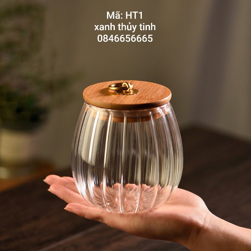Hũ thuỷ tinh sọc nắp gỗ đựng trà, bánh kẹo, đồ khô dung tích 800ml - HT1