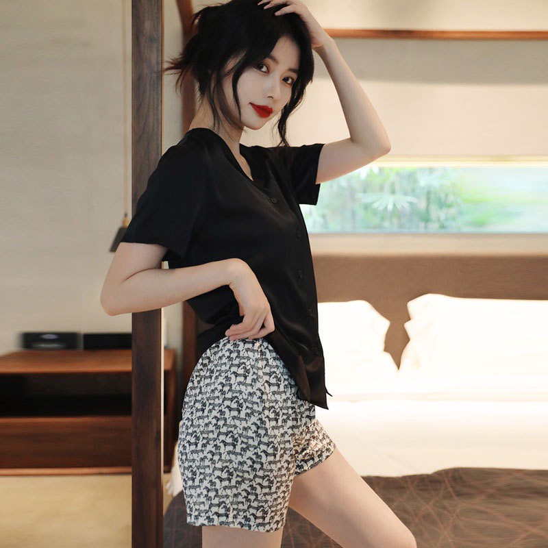 Set đồ ngủ cổ chữ V phối họa tiết da báo/ngựa vằn thời trang mùa hè dành cho nữ