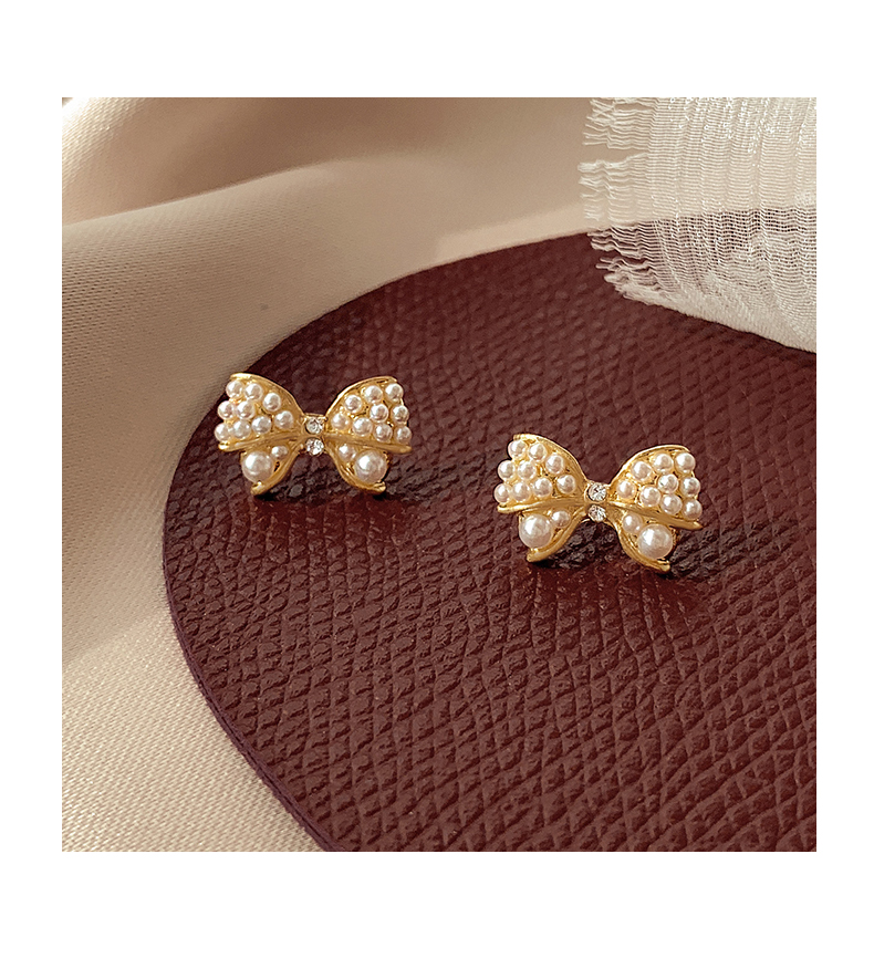 Hoa tai mạ bạc hình nơ đính ngọc trai kiểu Hàn Quốc đơn giản