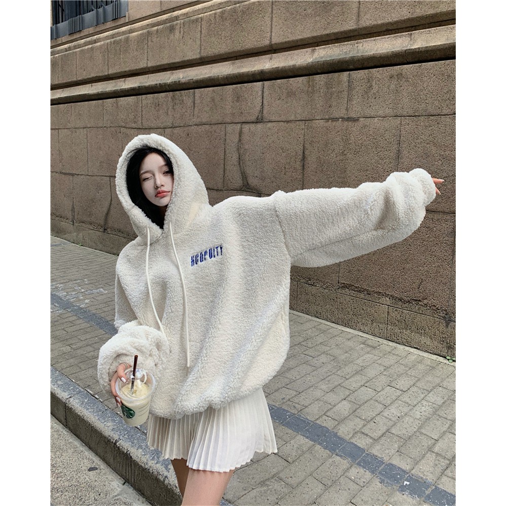 Áo hoodie lông của nữ hàng Quảng Châu cao cấp thu đông mới đầu xu hướng phong cách nữ sinh Hàn Quốc ngọt ngào