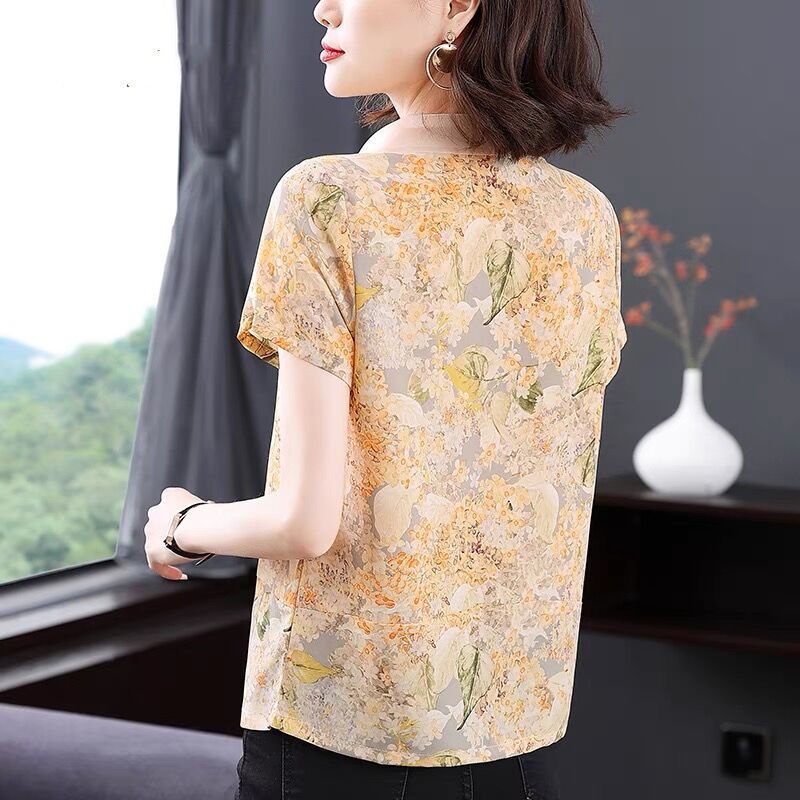 Áo Sơ Mi chiffon Cổ Búp Bê In Họa Tiết Hoa Thời Trang Mùa Hè Cho Nữ Trung Niên