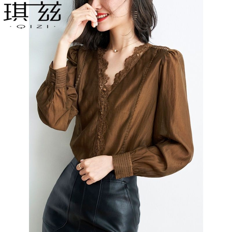Áo kiểu tay phồng cổ chữ V phối ren thời trang mùa xuân cho nữ