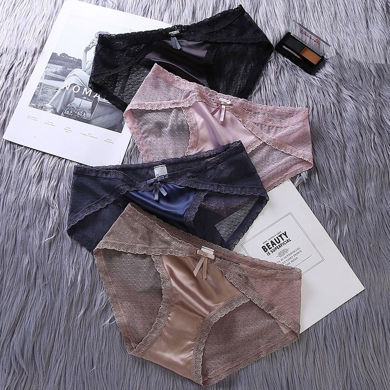 Quần Lót Lụa 100% Cotton Lưng Thấp Phối Ren Trong Suốt Siêu Mỏng Quyến Rũ Dành Cho Nữ