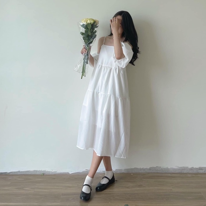 Đầm Babydoll 2 Dây Cột Nơ Tay Bồng Tháo Rời Phối Nhiều Kiểu, Labibi