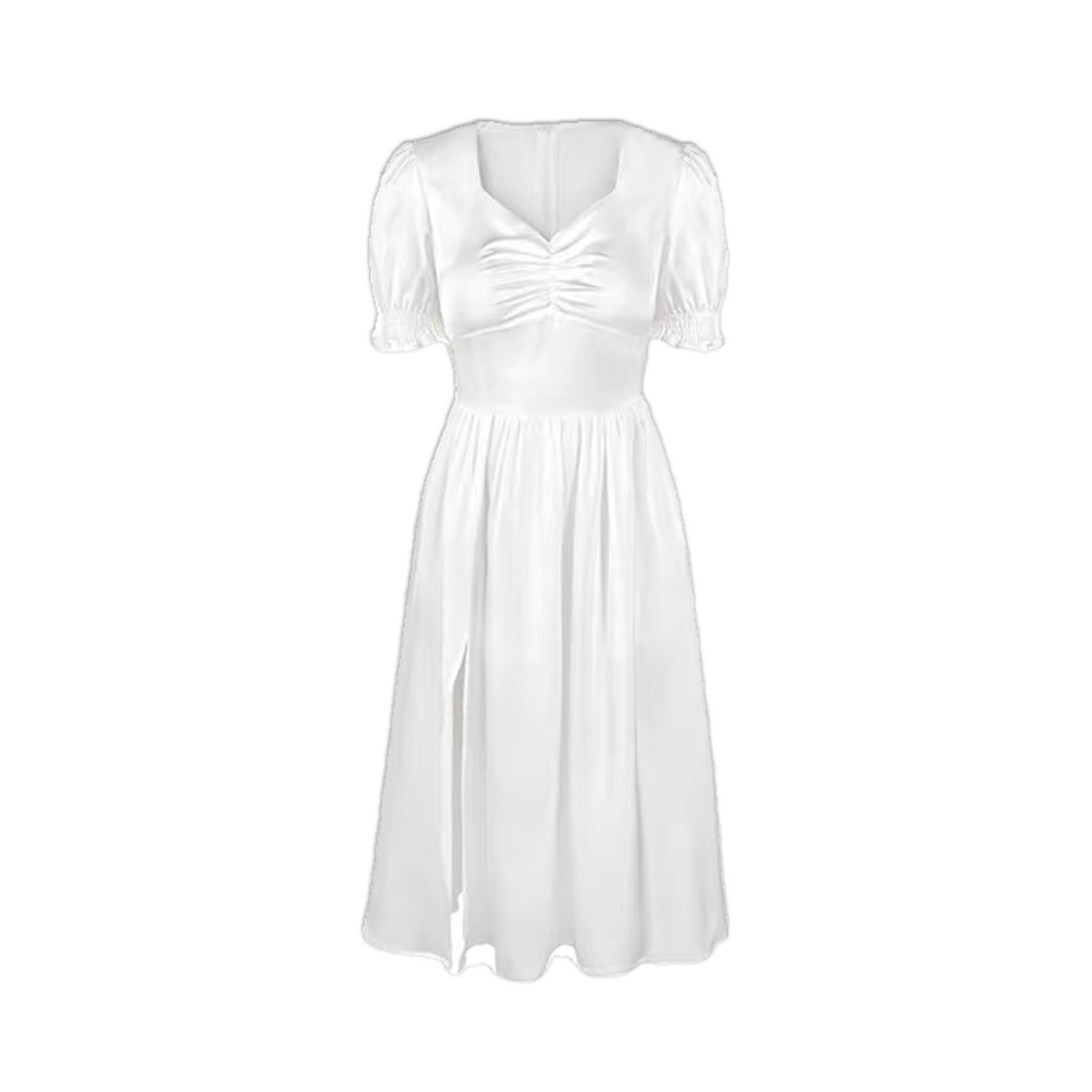 Đầm Lụa Tay nhúng Tiểu Thư Trắng cột eo, cổ tim, váy maxxi, sẻ đùi, đầm qua gối, đầm đẹp, giá rẻ, đầm xòe, tay lở, bo eo | BigBuy360 - bigbuy360.vn