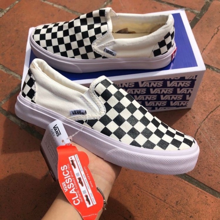 Giày lười nam nữ loại đẹp full box - Giày thể thao Slip On Vans Caro kẻ sọc đen trắng cá tính ulzzang, đế êm lót da D9 | BigBuy360 - bigbuy360.vn