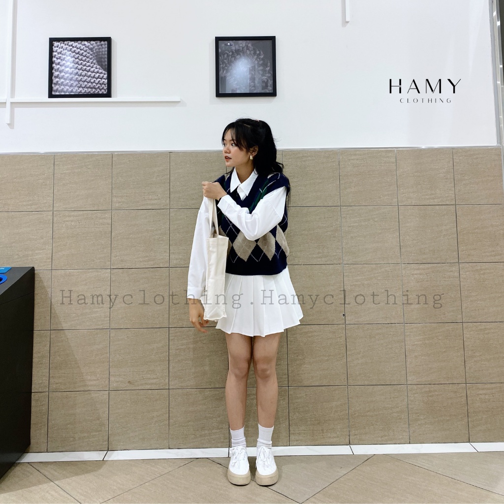 Áo Gile HaMy trám nhỏ vải len kiểu dáng trẻ trung màu be A-13