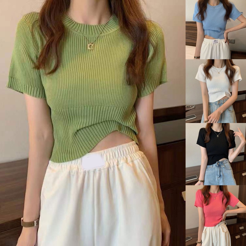 Áo Thun Dệt Kim Tay Ngắn Cổ Tròn Màu Sắc Đơn Giản Thời Trang Mùa Hè Cho Nữ