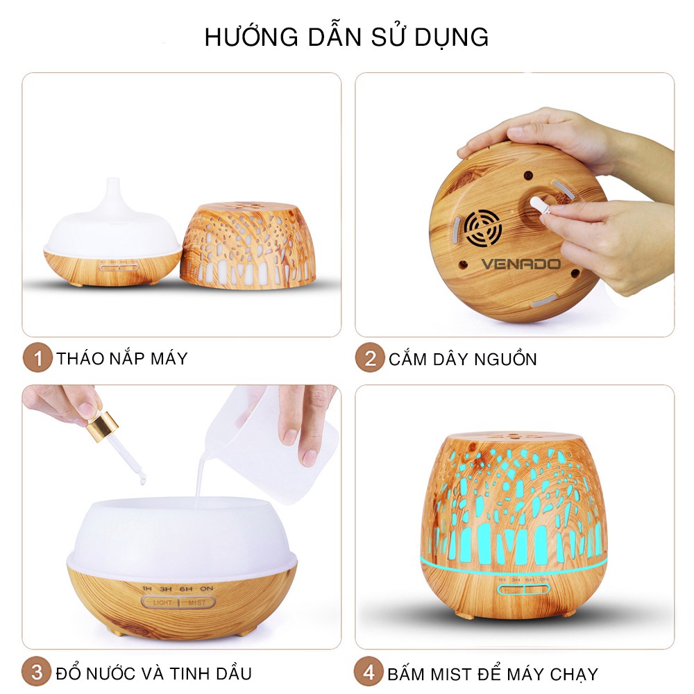 Máy xông tinh dầu siêu âm Đèn Lồng hình Cây led 7 màu 500ml Venado