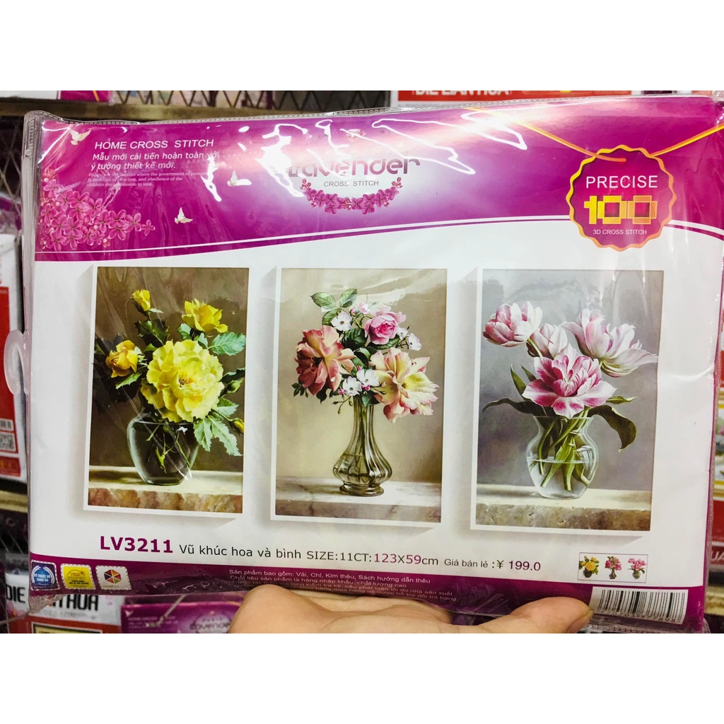 Tranh thêu chữ thập bình hoa 3 bức KT:123x59cm,tranh chưa thêu, Tặng kéo và xỏ chỉ.