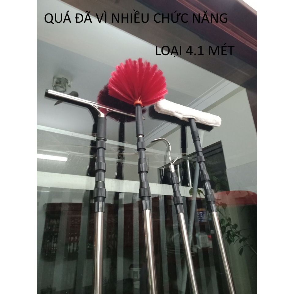 Sào rút inox đa năng, Chổi quét mạng nhện vệ sinh trần nhà kết hợp lau kính+gạt nước mưa,móc cành cây,hái hoa quả trên