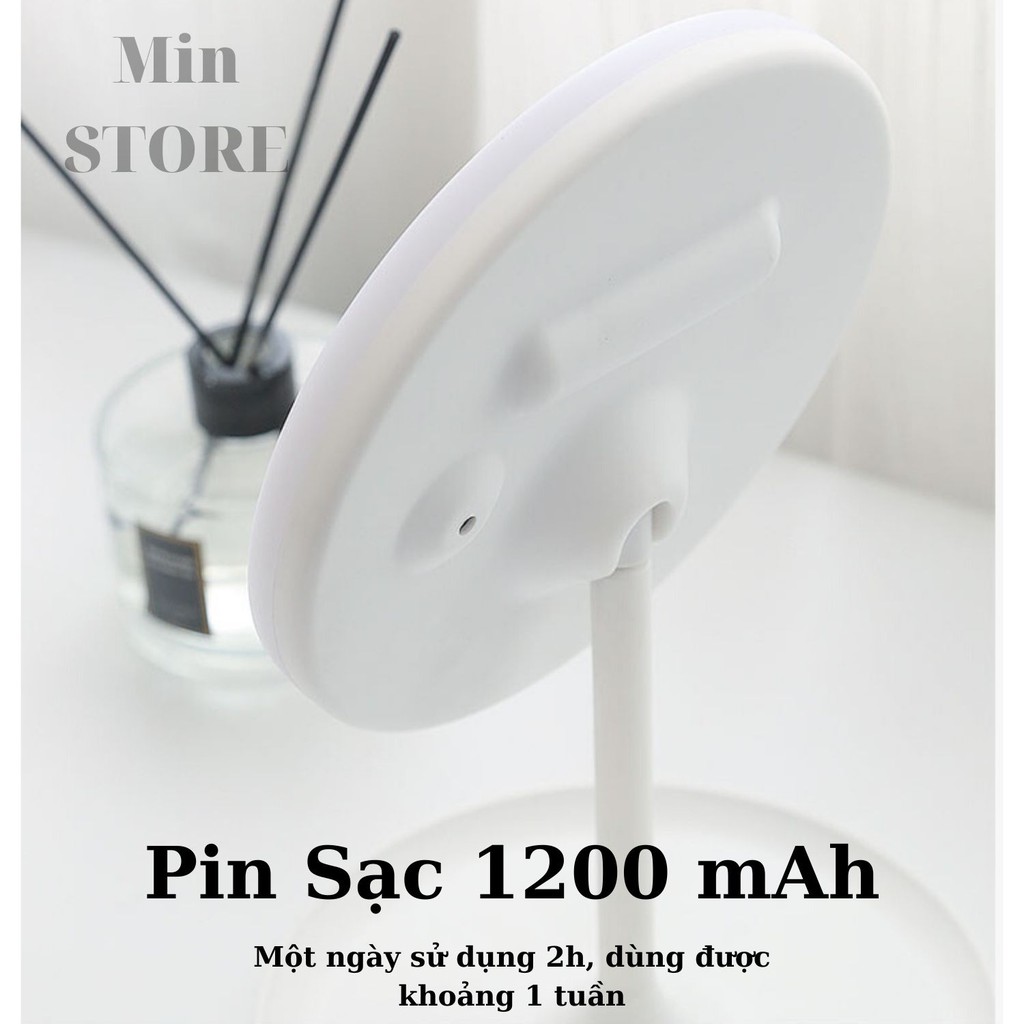 Gương Trang Điểm Có Đèn Led (Cao Cấp) Siêu Kute - Cảm Ứng - Pin Sạc 1200 mAh - Đèn 3 Màu - Tăng Giảm Sáng - Min STORE