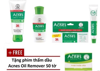 Bộ sản phẩm ngăn ngừa mụn Rohto Acnes (da thường/khô) + Tặng 1 phim thấm dầu Acnes Oil Remover 50 tờ