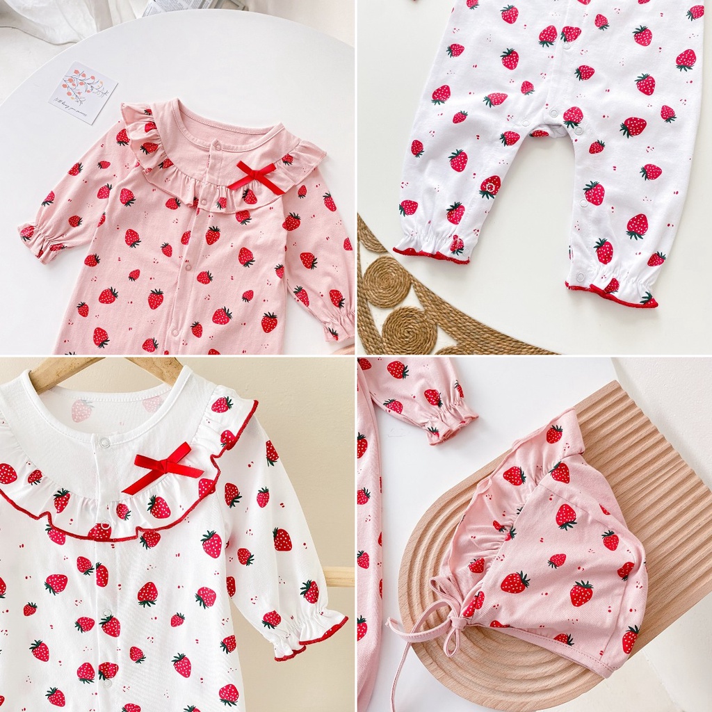 Áo Liền Quần Tay Dài Chất Liệu Cotton In Họa Tiết Dâu Tây Xinh Xắn Cho Bé Gái Sơ Sinh 023