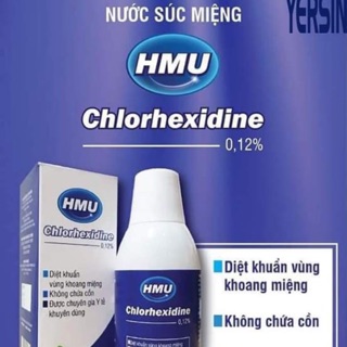Nước xúc miệng HMU Chlohexidine diệt khuẩn vùng khoang miệng, không chứa công, vị bạc hà. Sản phẩm của đại học y Hà Nội.